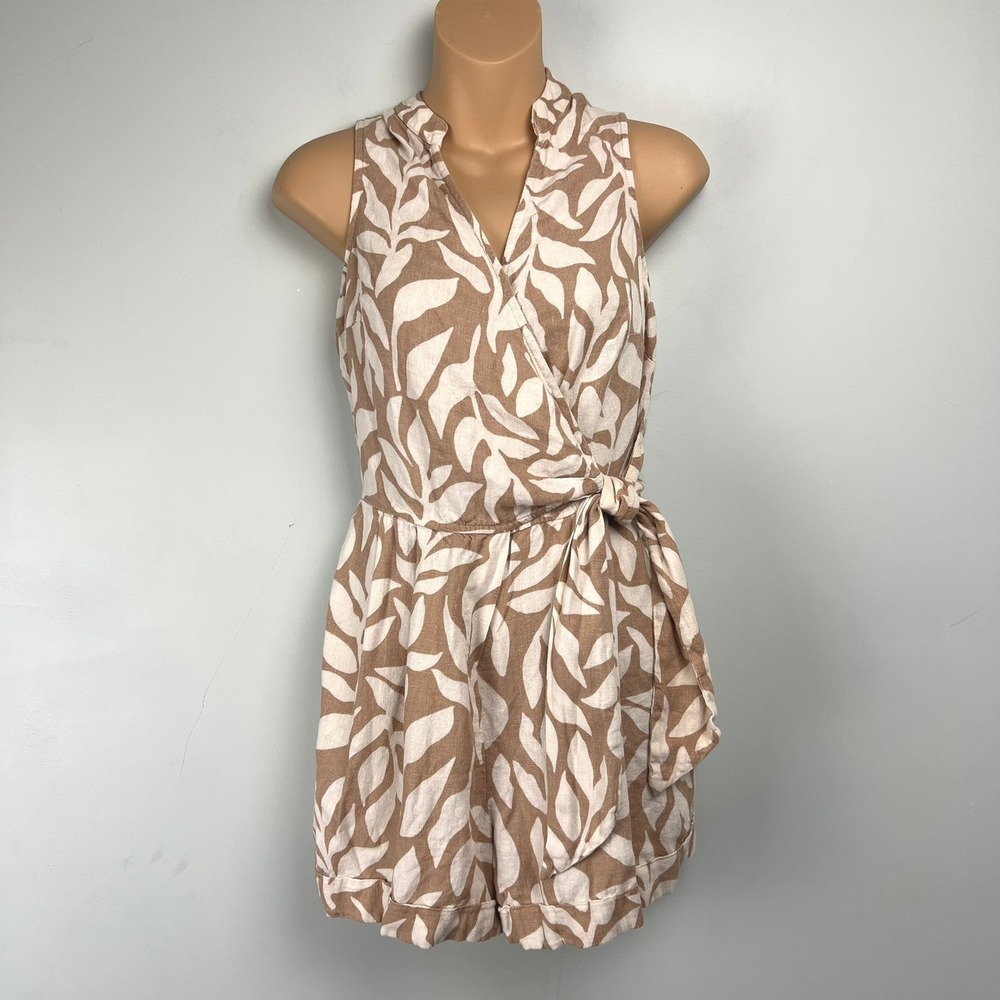 Linen Rayon Brand Wrap Romper sz XS Beige‎ Brown Resortwear Vacation Earthy Boho